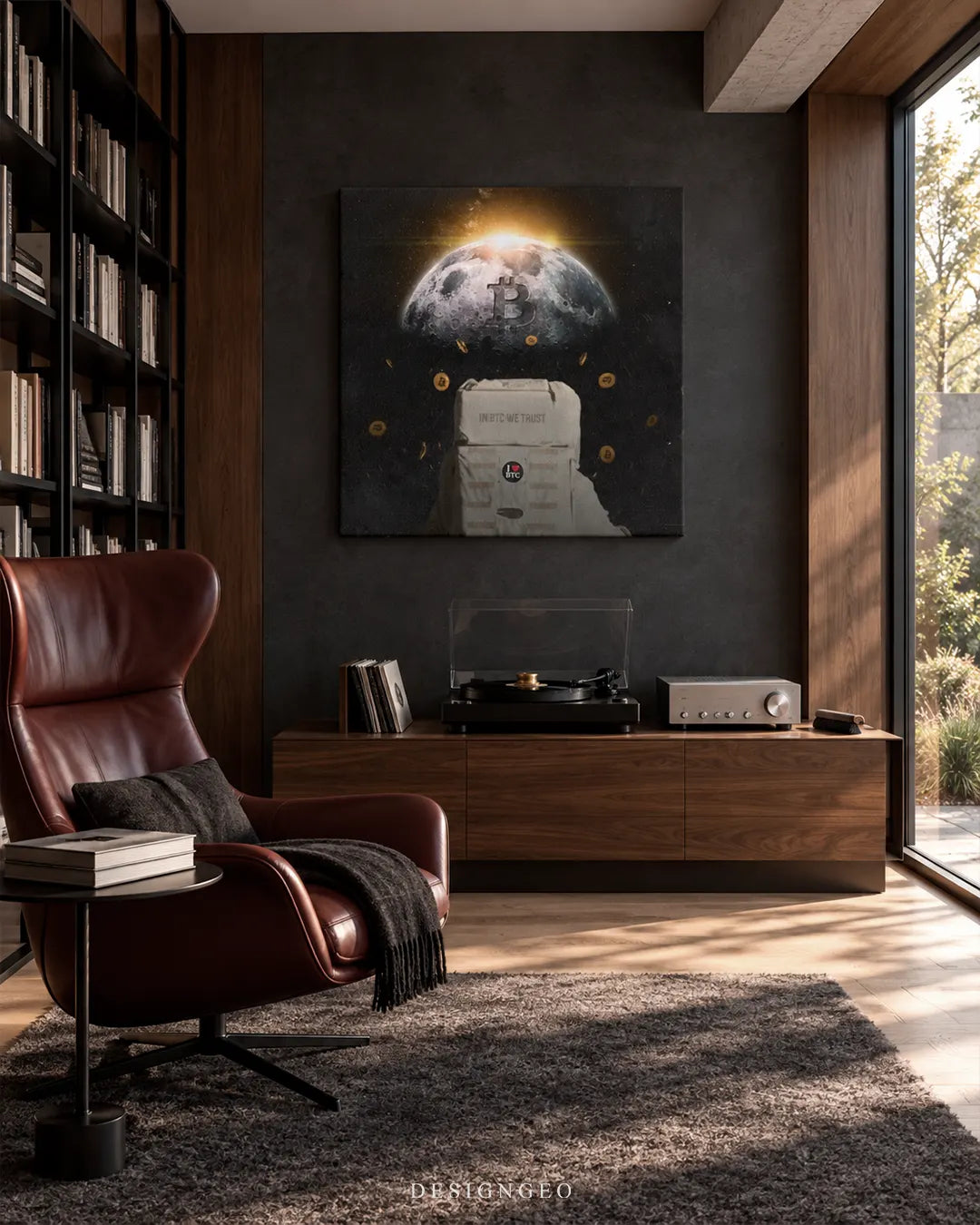 Square dark canvas print featuring an astronaut looking at a glowing Bitcoin moon mounted on a textured black wall in a luxury lounge above a wooden console and leather armchair
