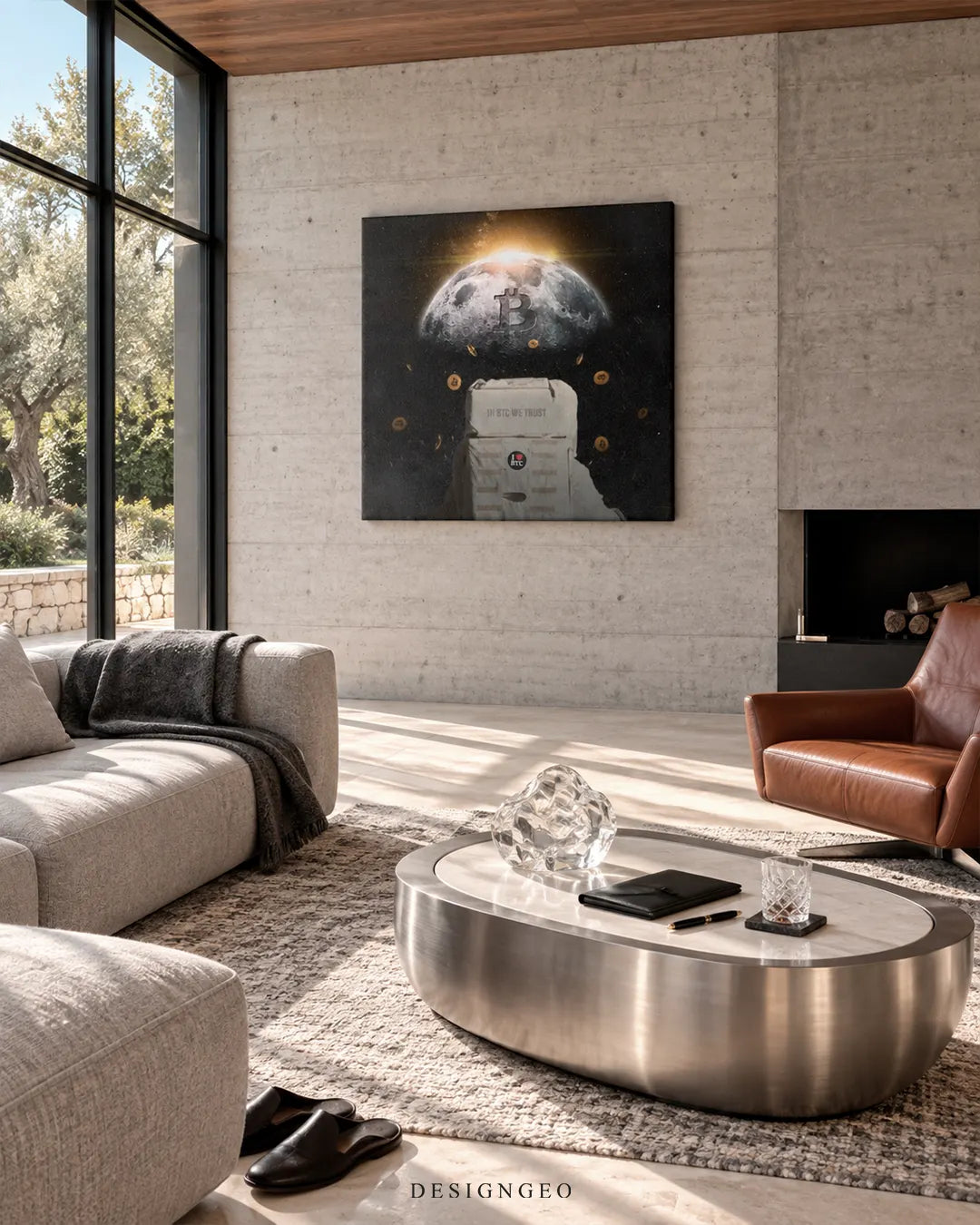 Square dark canvas print featuring an astronaut looking at a glowing Bitcoin moon mounted on a concrete wall in a modern living room above a beige sectional sofa