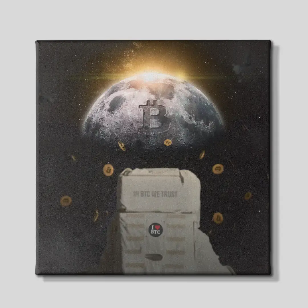 Front view of the Wen Moon Bitcoin astronaut square canvas wall art, a premium decorative piece for modern crypto trading desks, tech workspaces, or executive offices