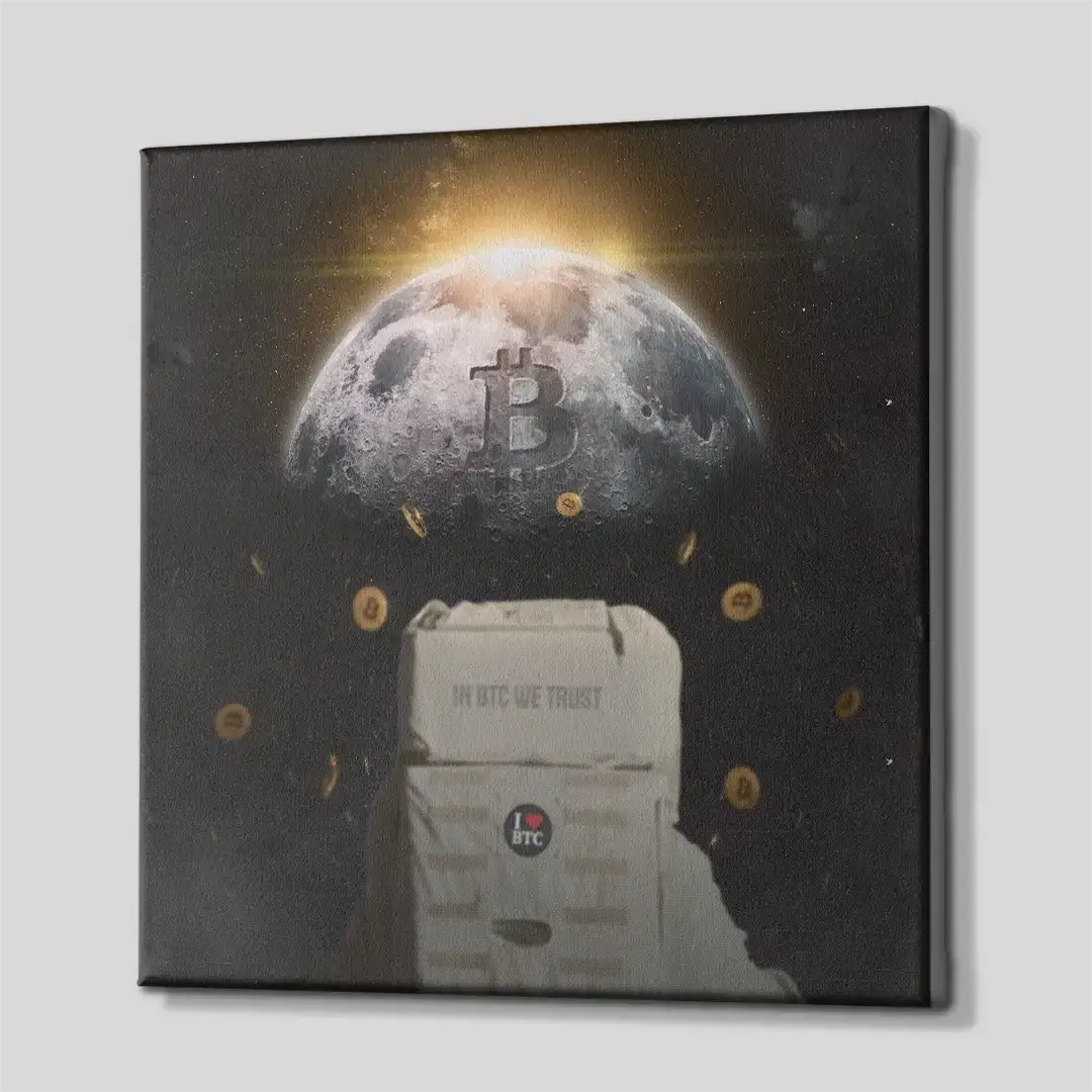 Side angle of the cosmic cryptocurrency-themed motivation canvas print, highlighting the high-quality gallery wrap finish and the professional 3D frame depth