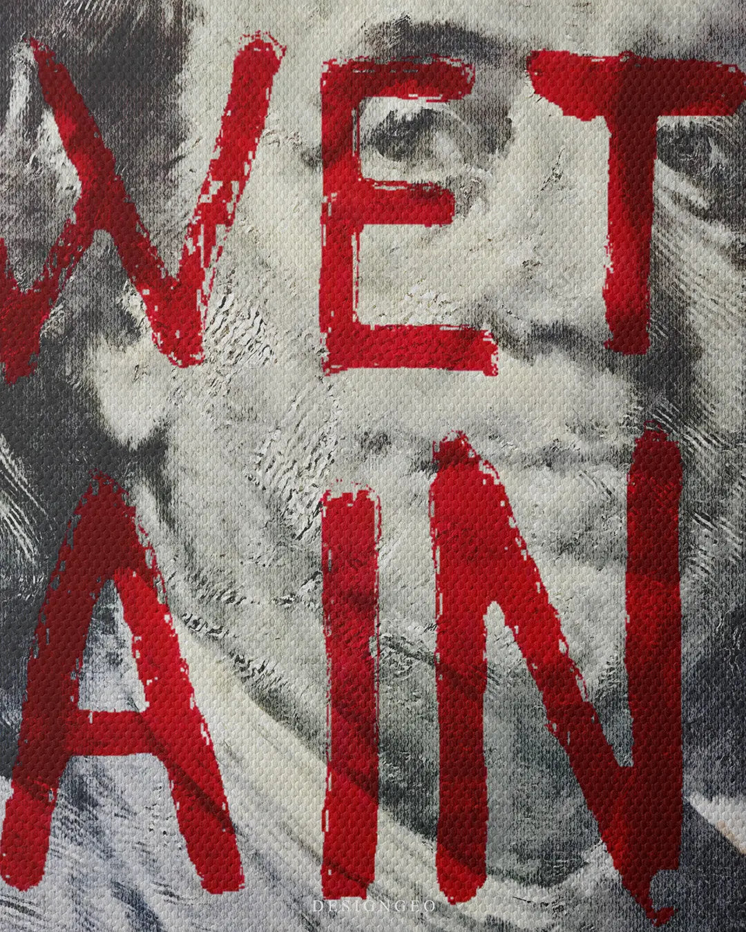 Close-up of canvas weave texture showing red painted WET PAINT typography over Benjamin Franklin dollar bill portrait