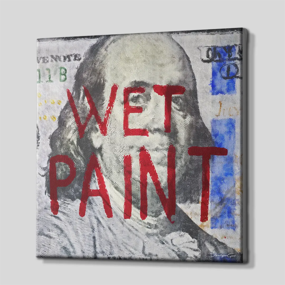 Side perspective of square canvas wall art showing wrapped edges and 3D depth of Benjamin Franklin dollar bill street art