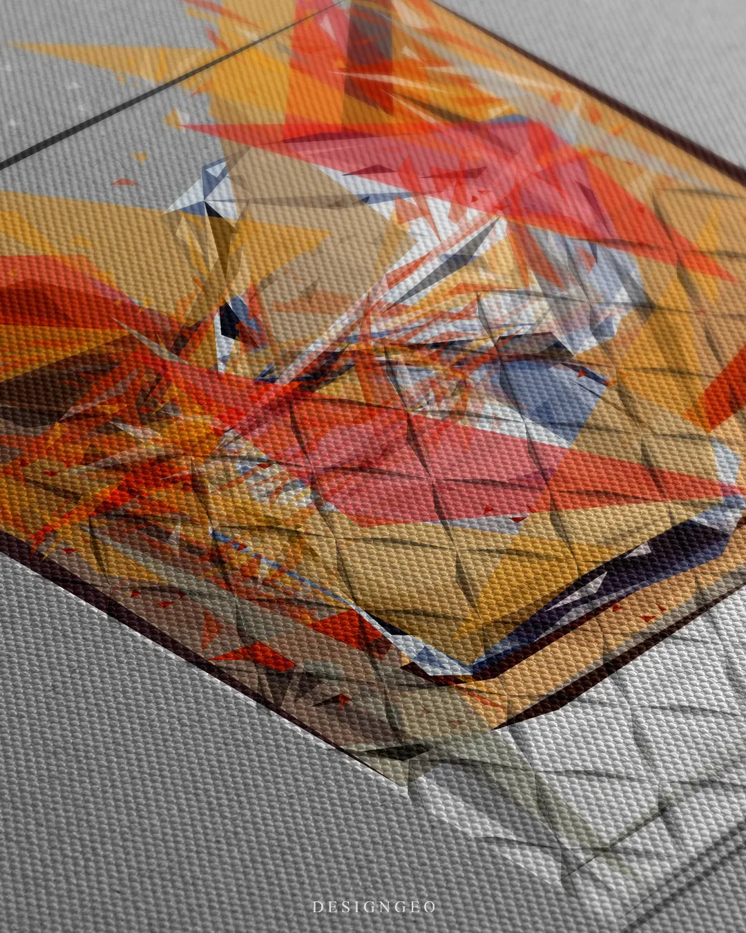 Angled macro view detailing the fine canvas weave, sharp polygonal amber facets, and diamond-patterned crystal glass base