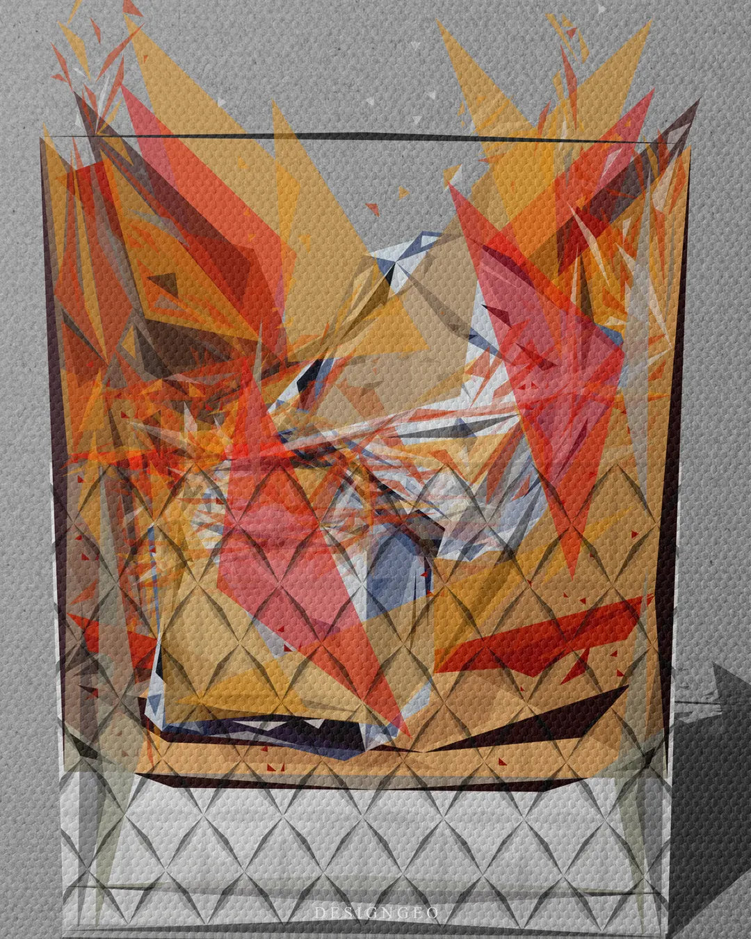 Close-up inspection shot highlighting the rich canvas texture, warm amber geometric shapes, and crystal ice facets of the whisky artwork