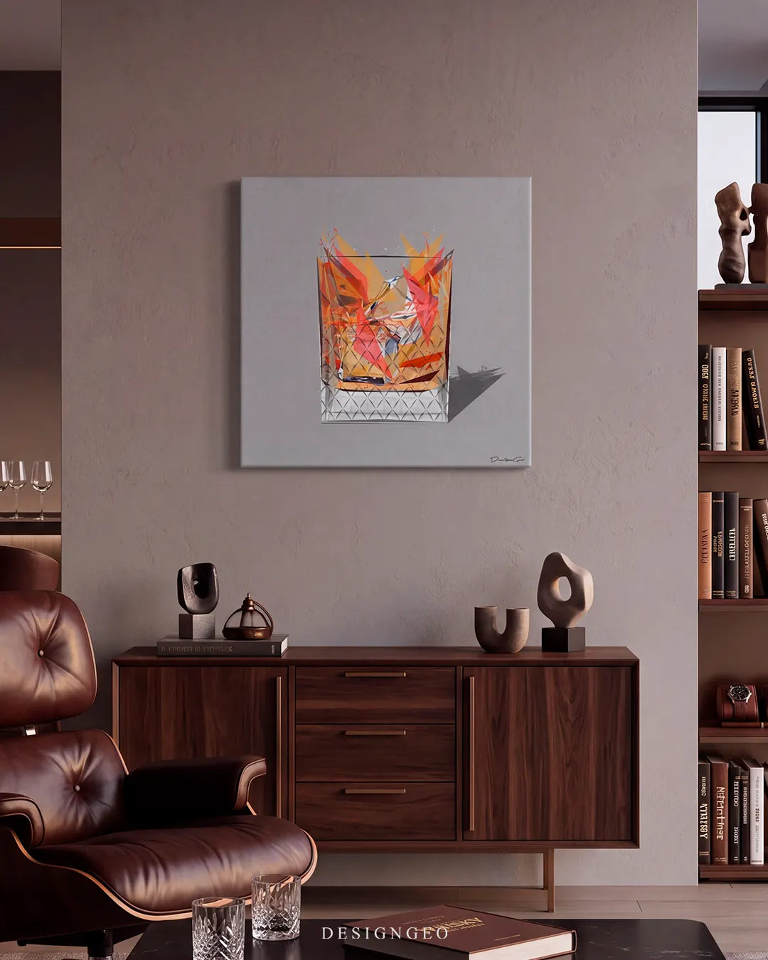 Elegant home bar lounge display featuring the square geometric whisky glass canvas art mounted above a dark wood credenza and leather lounge chair