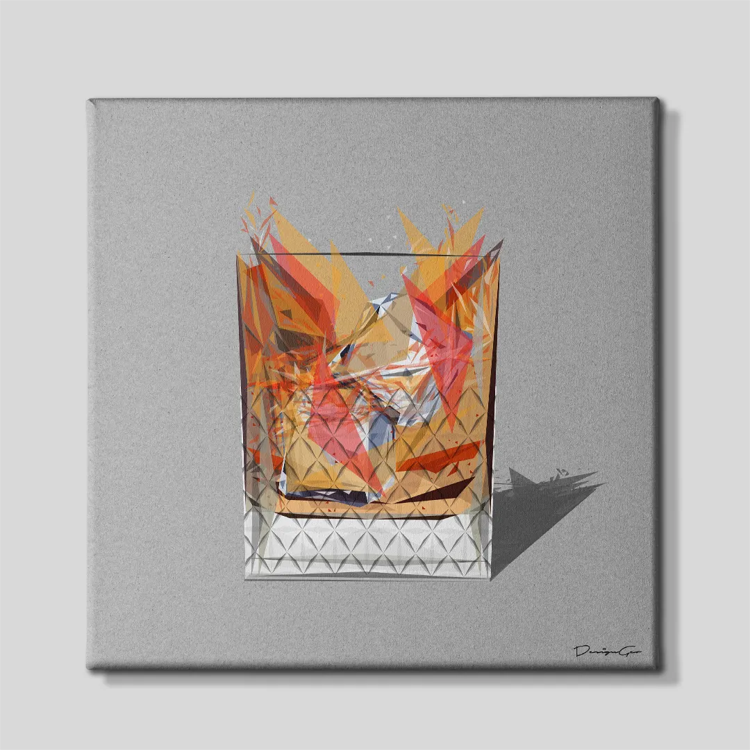 Front view of a square canvas print featuring a low-poly geometric whisky glass with amber liquid and ice cubes on a textured gray background