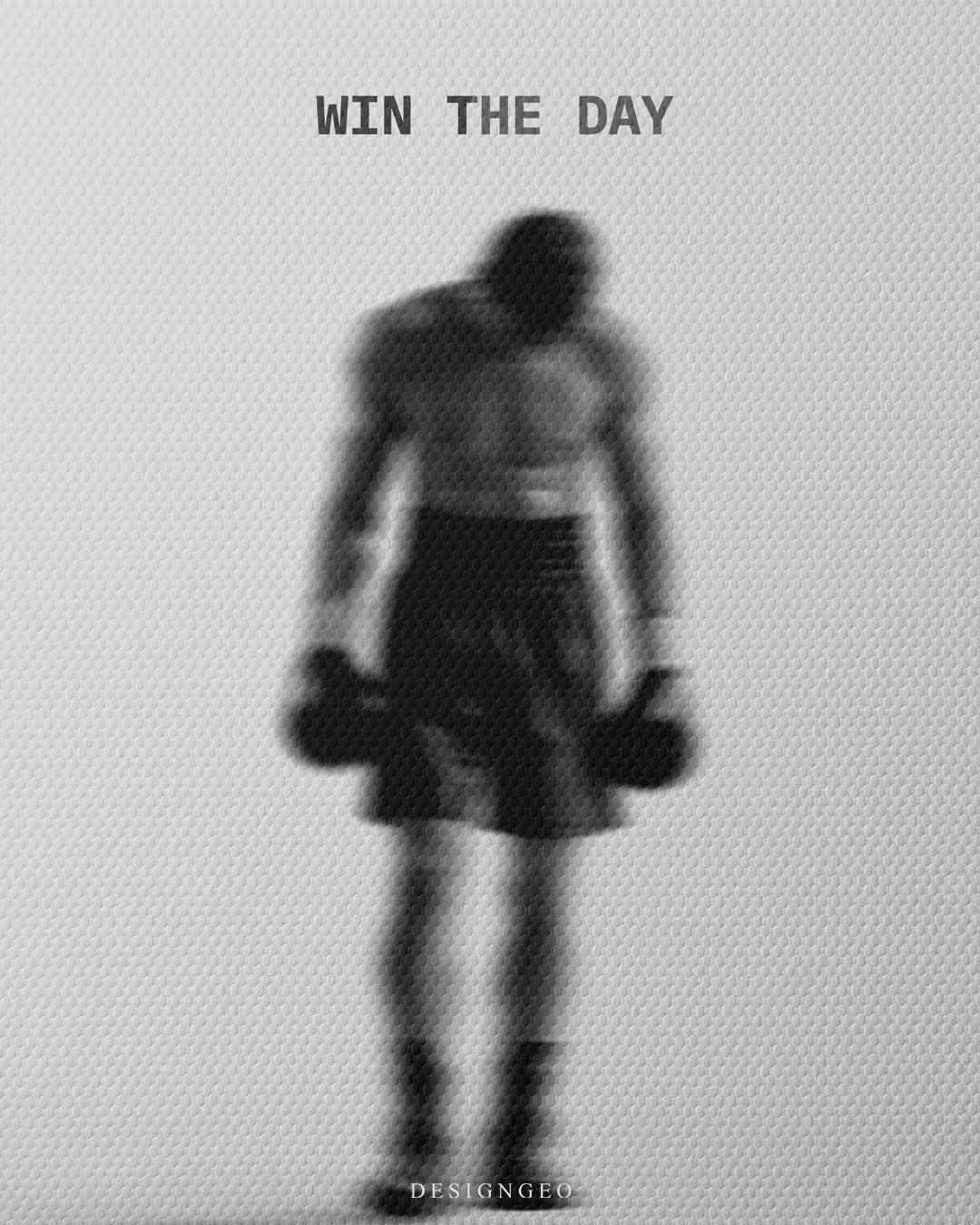 Close up texture view of Win The Day typography quote above blurred boxer silhouette square canvas wall art 0.75 inch thin wrap