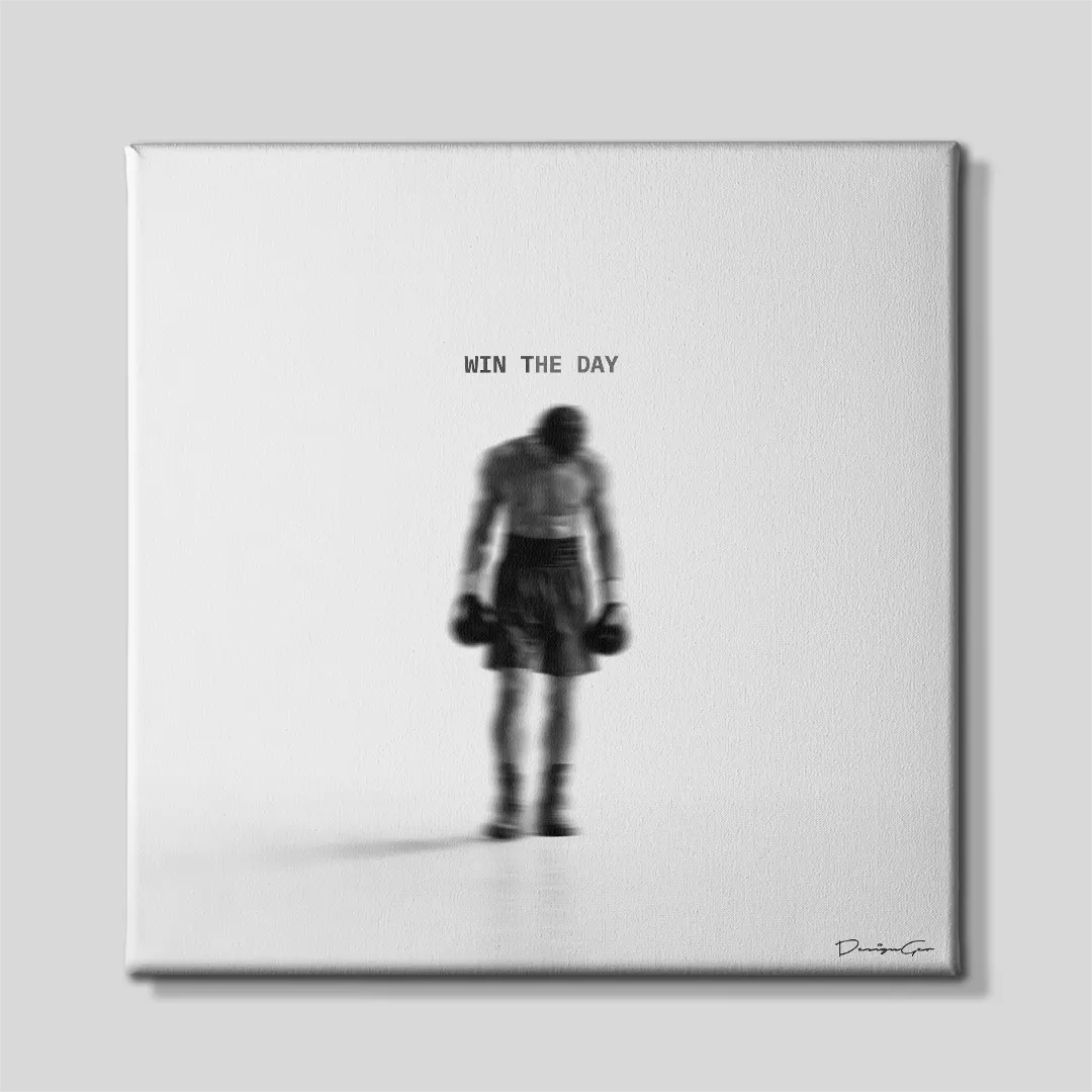 Black and white square motivational canvas art featuring a blurred motion boxer silhouette standing under quote Win The Day 0.75 inch thin wrap