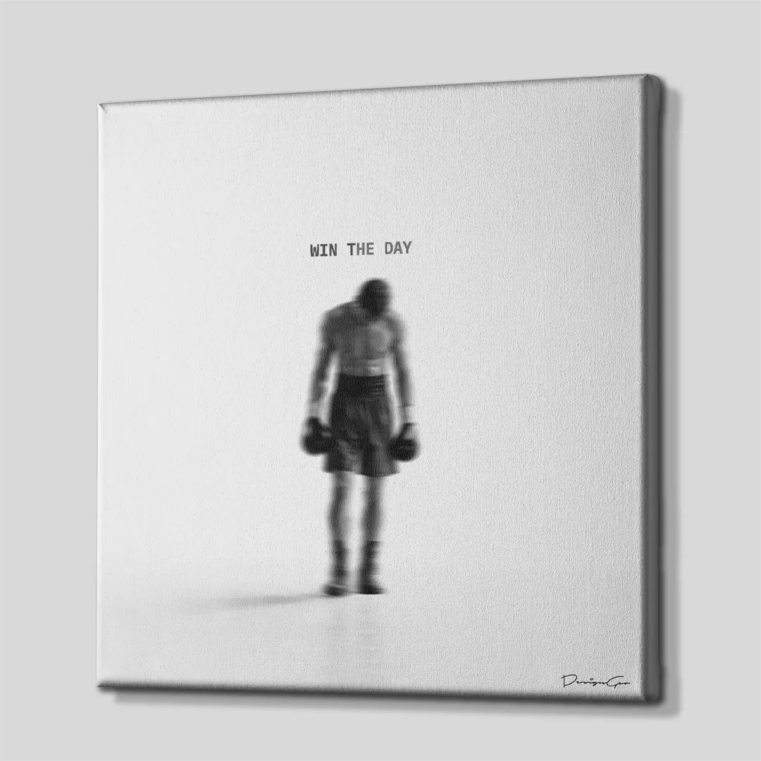 Side perspective view of black and white square canvas wall art showing boxer silhouette artwork with white gallery wrapped edge 0.75 inch thin wrap