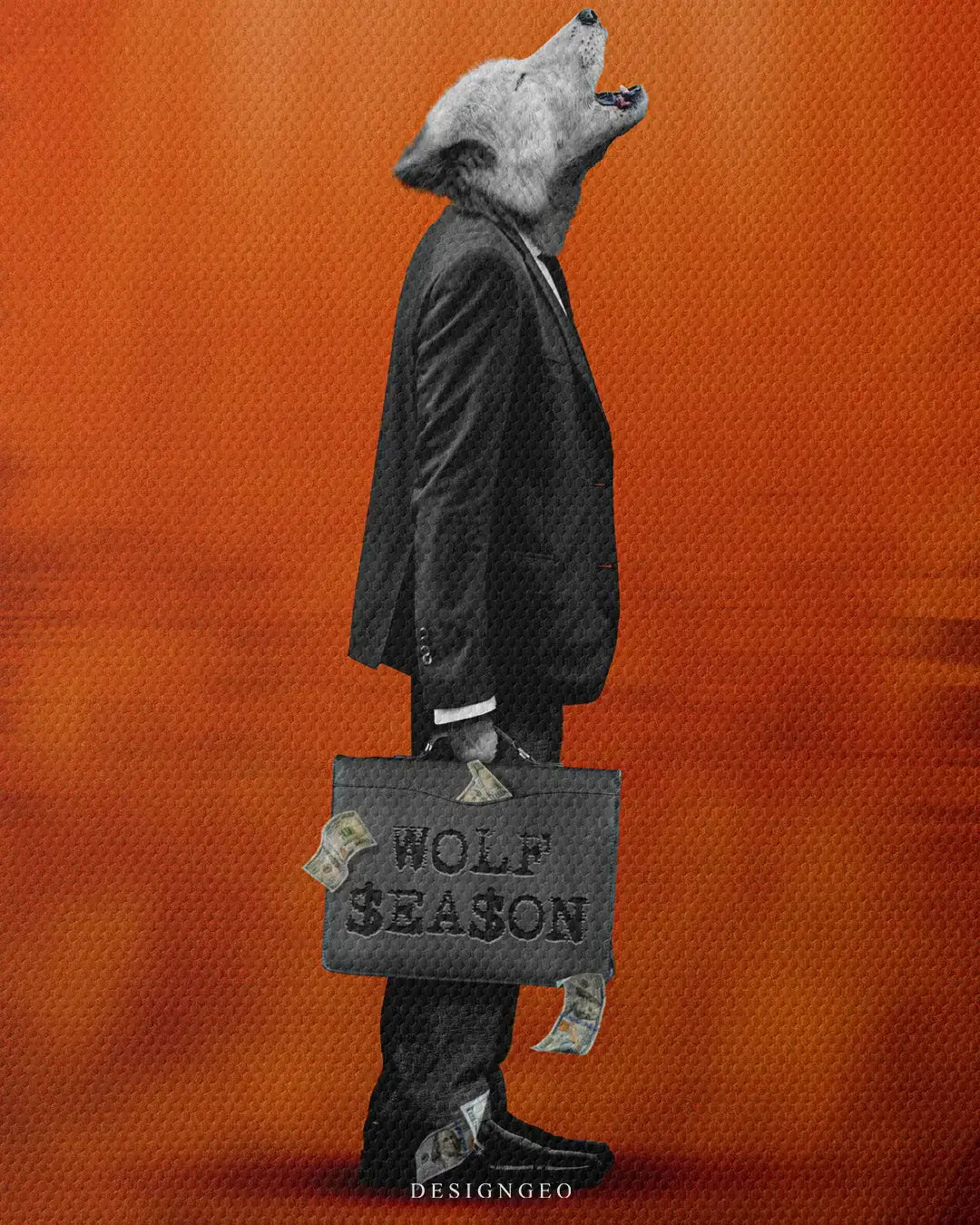 Detailed view of the "Wolf Season" art, showcasing the elegant suit textures, the briefcase full of cash, and the powerful symbolic pose of the howling wolf on a premium canvas