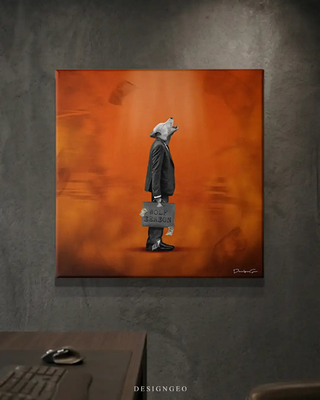 Artistic canvas composition of a suit-wearing wolf representing ambition and leadership, designed for modern corporate offices and entrepreneurial workspaces