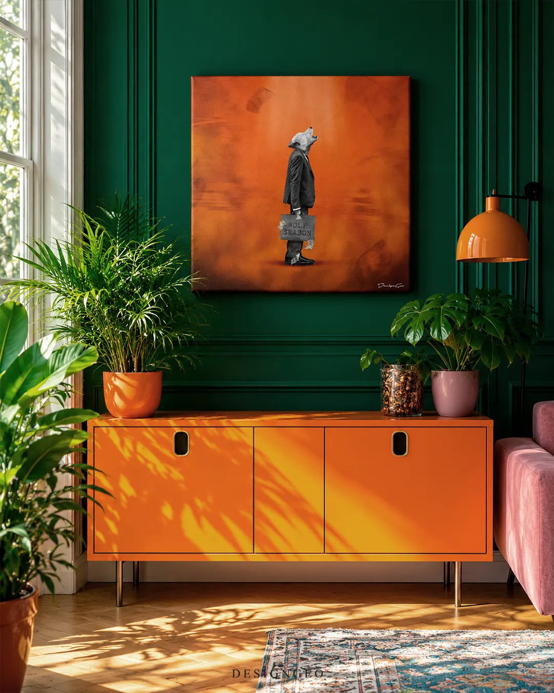 Howling wolf in suit holding Wolf Season briefcase orange square canvas wall art displayed on a dark green paneled wall above a bright orange credenza 0.75 inch thin wrap