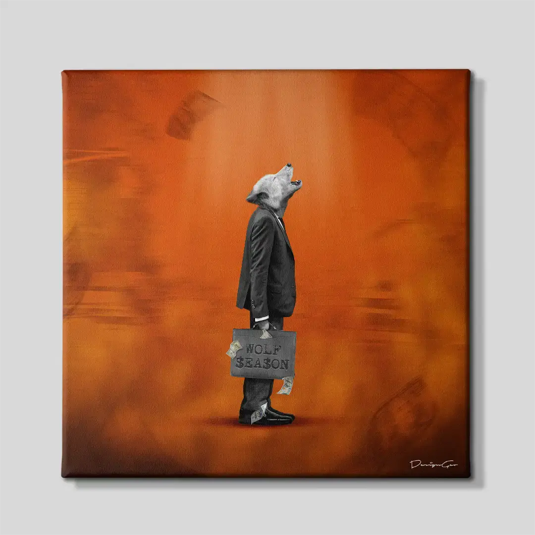 Front view of the "Wolf Season" howling wolf in a suit square canvas wall art, a premium decorative piece for sales team rooms, executive offices, or modern home studies