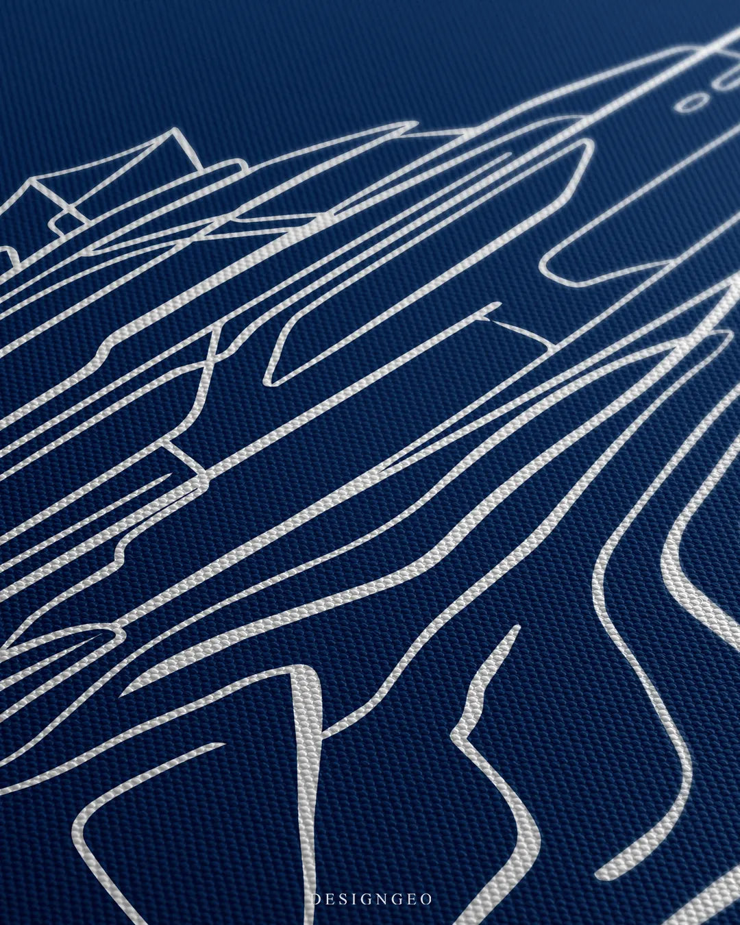 Angled close-up view displaying the fine canvas texture, deep blue ink background, and detailed line illustration of the superyacht upper decks and radar mast