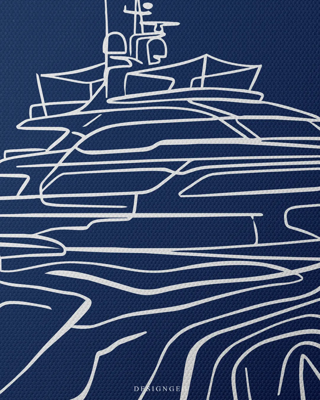 Vertical macro detail shot highlighting the textured navy canvas surface and crisp white continuous line work forming the yacht hull and sea ripples
