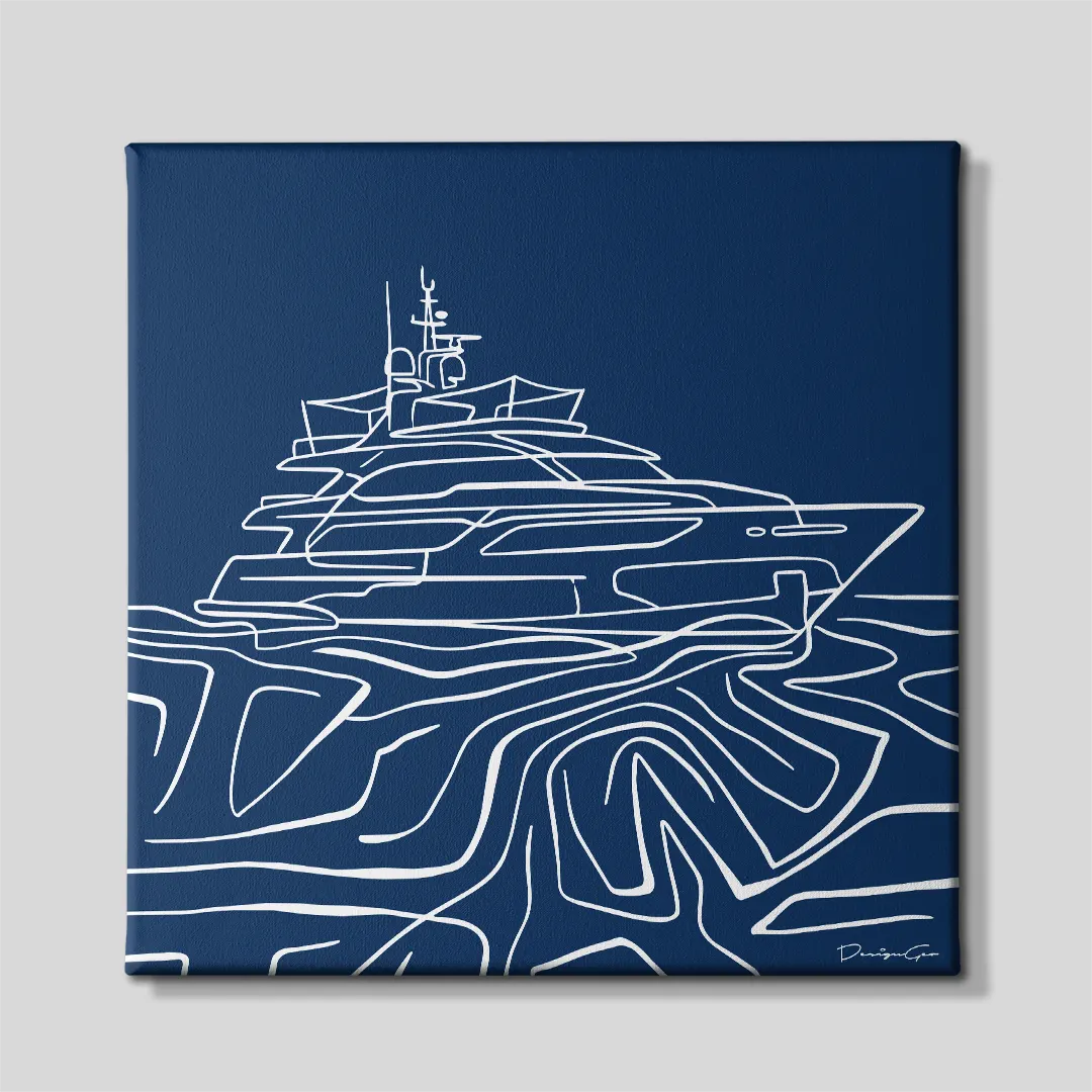 Front view of a square navy blue canvas print featuring a white continuous line art illustration of a luxury superyacht on abstract waves