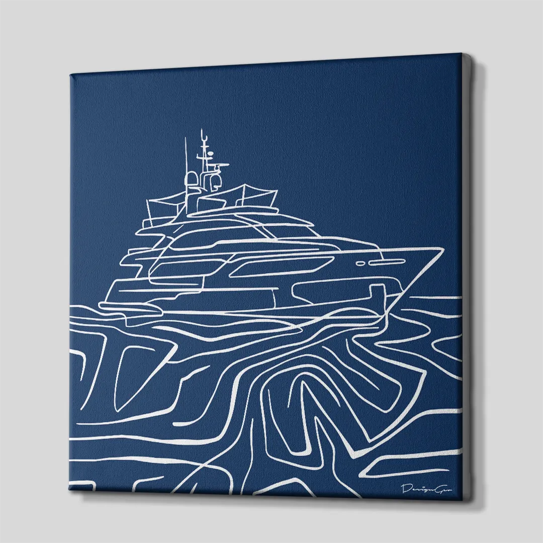 Three-quarter side angle of the square navy blue and white yacht canvas wall art showing clean gallery-wrapped edges mounted on a wooden frame