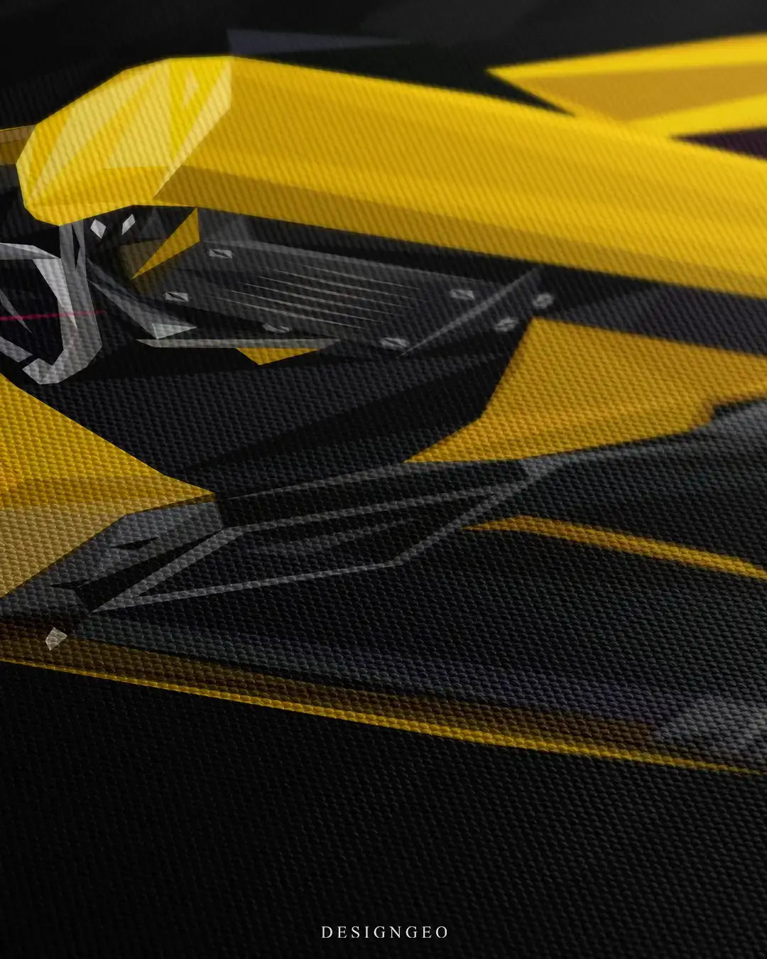 Close-up of modern luxury wall art featuring a portrait of a yellow robotic dog with intricate mechanical details on a minimalist dark background