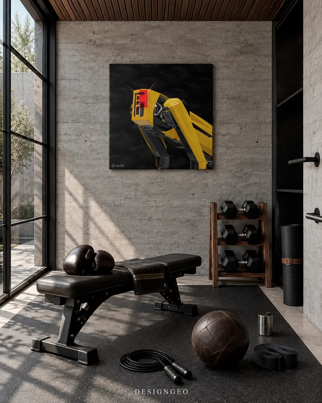 Square dark canvas print featuring a dynamic yellow robot dog with a glowing red head mounted on a concrete wall in a luxury home gym above a weight bench