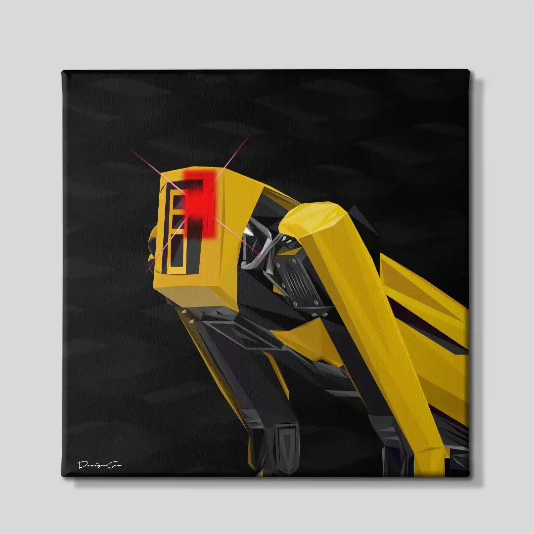 Front view of the yellow robotic dog square canvas wall art, a premium decorative piece for modern tech startups, creative offices, or futuristic home workspaces