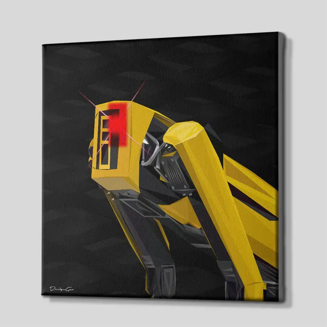 Side angle of the cyberpunk-themed robot dog motivation canvas print, highlighting the high-quality gallery wrap finish and the professional 3D frame depth