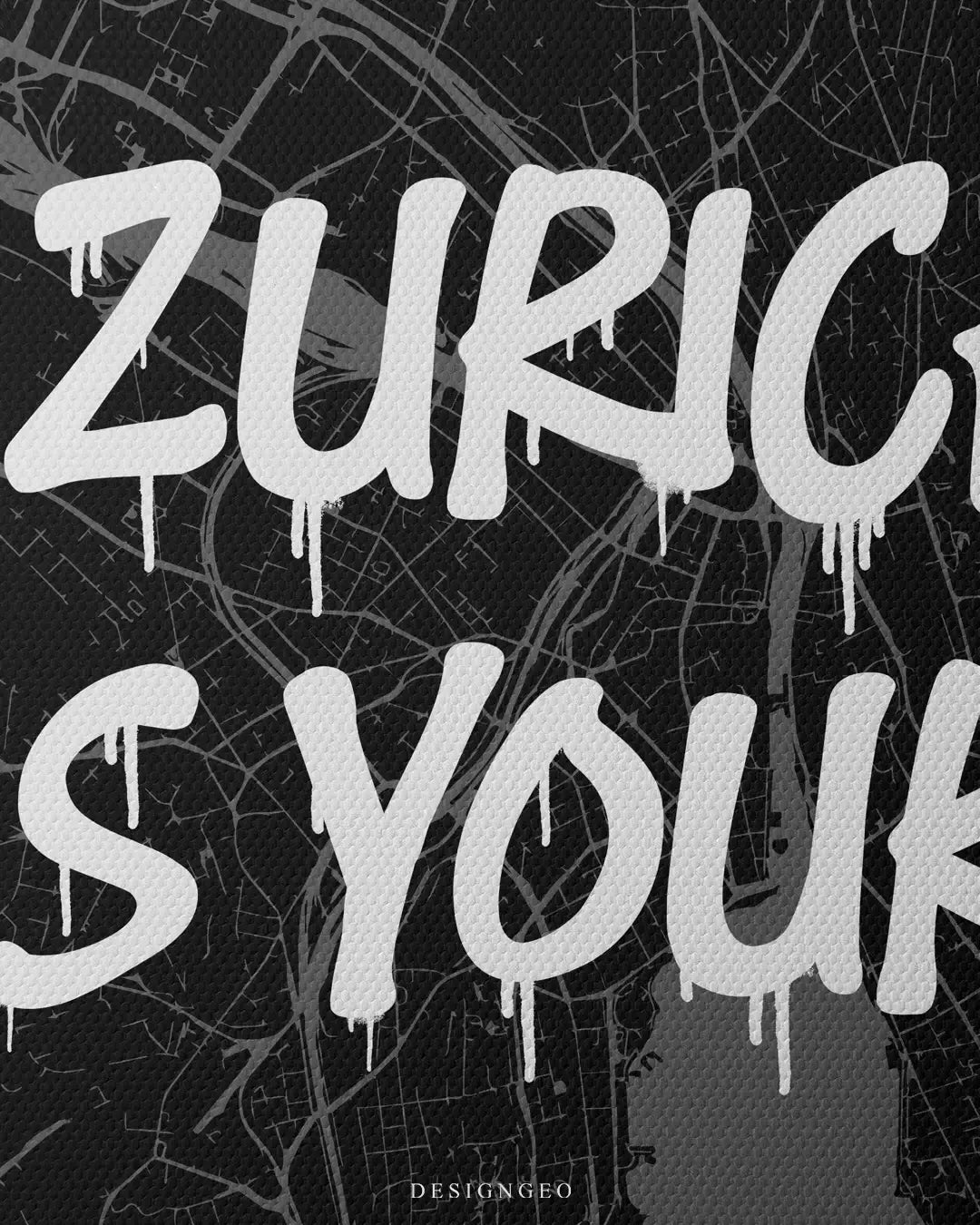 Front close-up of urban city map wall art of Zurich highlighting the premium canvas texture and bold white graffiti text with realistic paint drips on a dark cartographic background