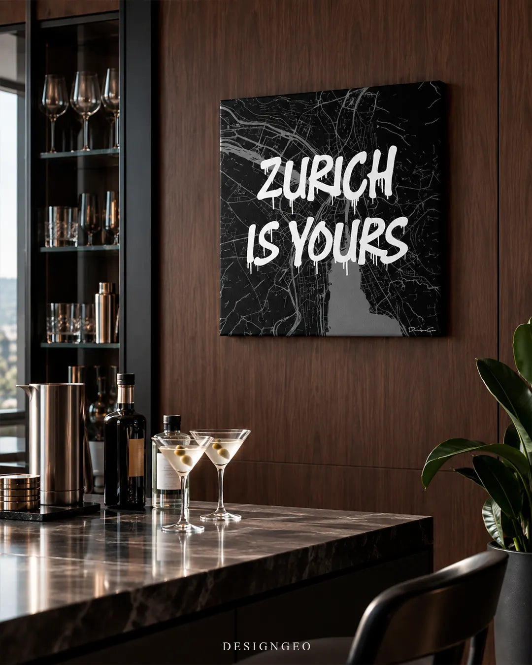 Black and grey Zurich street map with white dripping graffiti quote Zurich is yours square canvas wall art displayed on a dark wood wall in a home bar above a marble counter 0.75 inch thin wrap