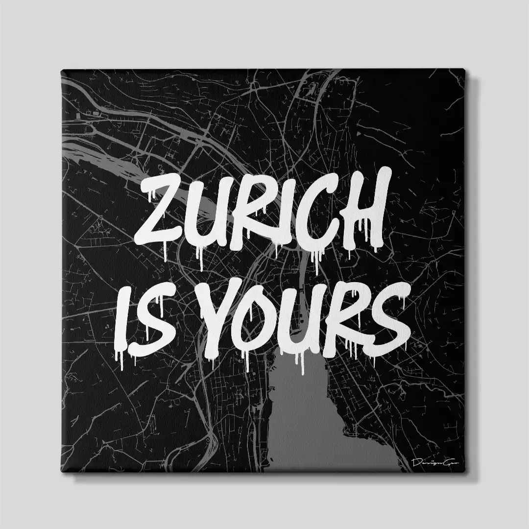 Front view of the premium "Zurich is Yours" square canvas print, a striking street art style Switzerland city map ideal for corporate office decoration, executive workspaces, and modern home decor