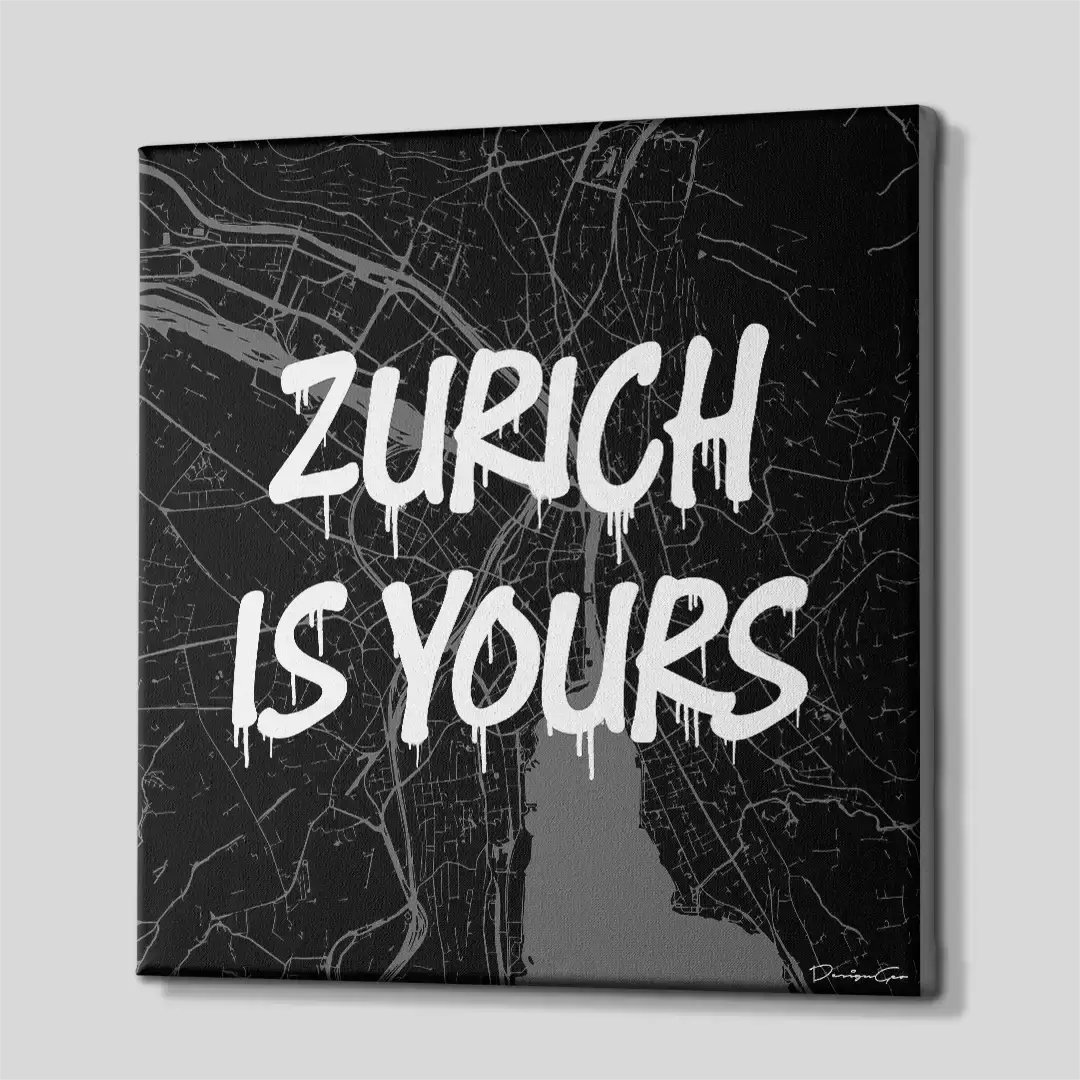 Side perspective of the contemporary Zurich graffiti map canvas wall art, demonstrating the precise gallery wrap edges and thick 3D frame structure suitable for upscale interior design